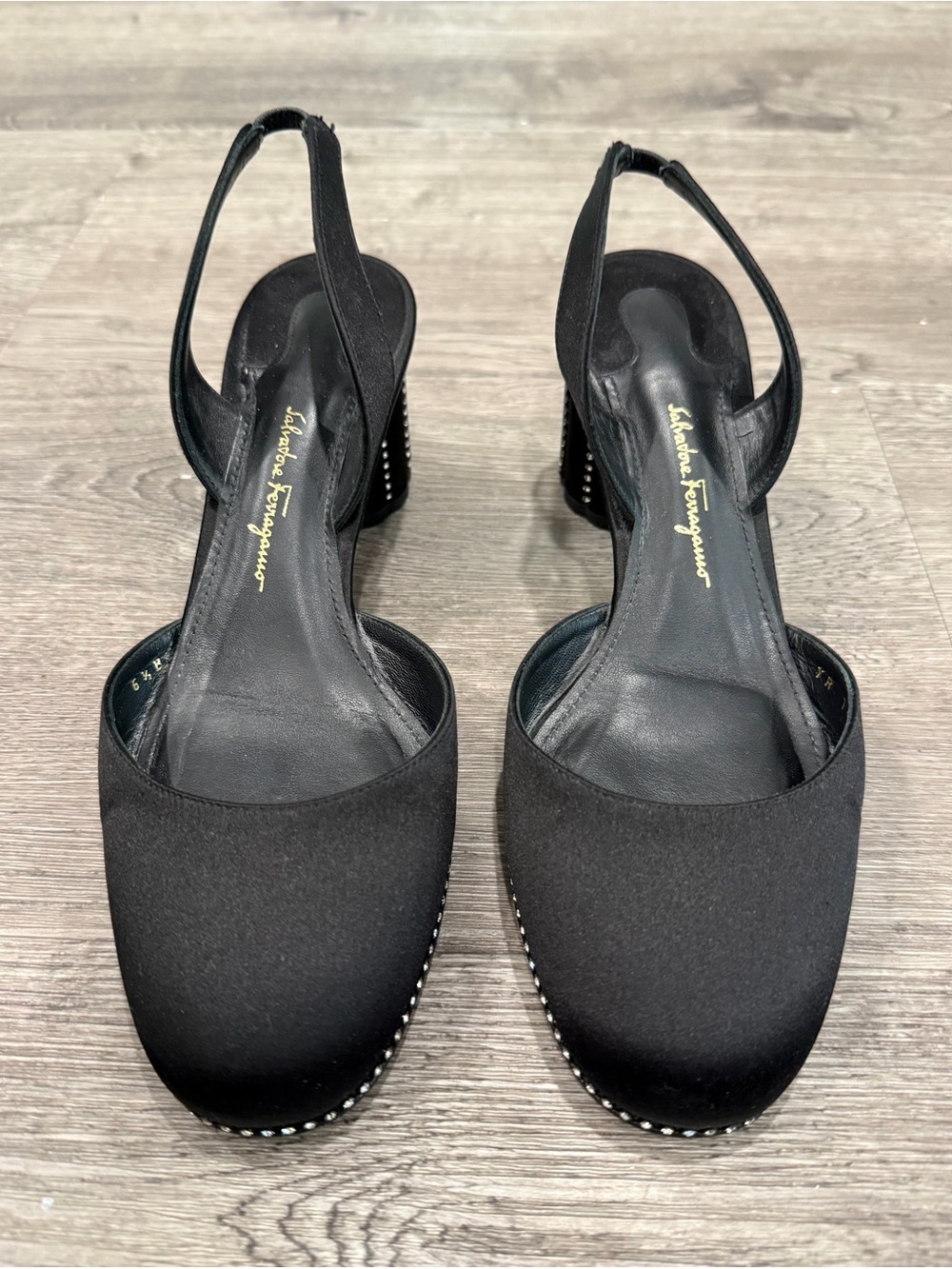 Salvatore Ferragamo Black Slingback Studded Block Heel Pumps